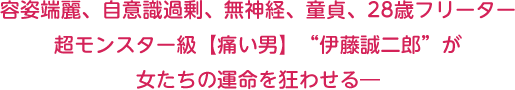 容姿端麗、自意識過剰、無神経、童貞、28歳フリーター 超モンスター級【痛い男】“伊藤誠二郎”が女たちの運命を狂わせる―
